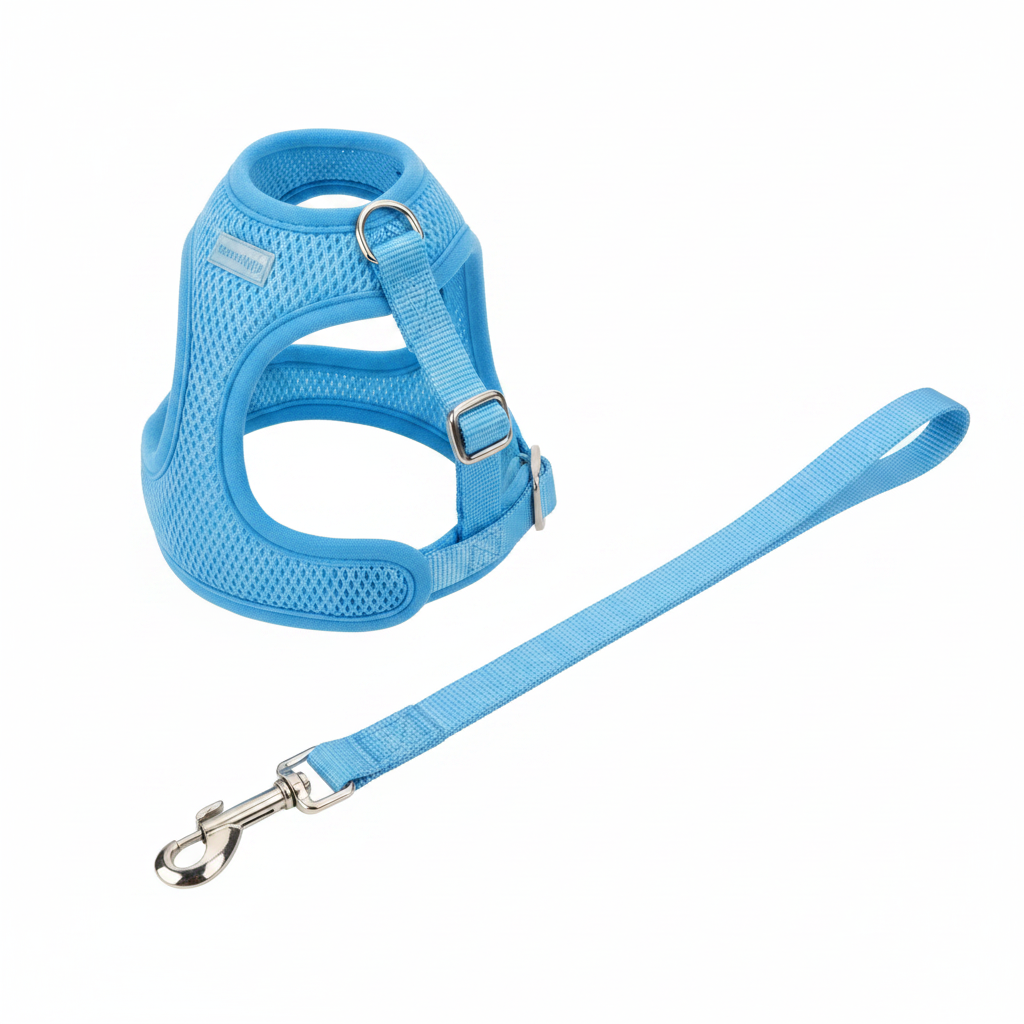 H-style soft mesh cat harness and leash set in sky blue with silver hardware
