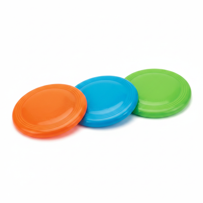 Three dog frisbees in orange, blue and green color options