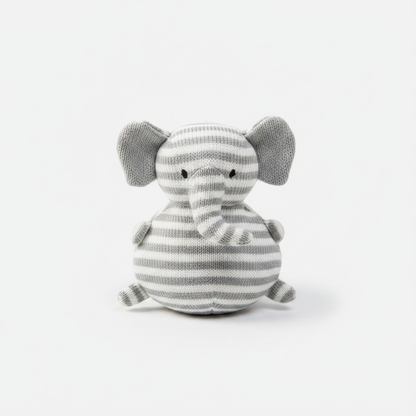 Front view of elephant-shaped knit plush toy showing trunk, ears and embroidered eyes