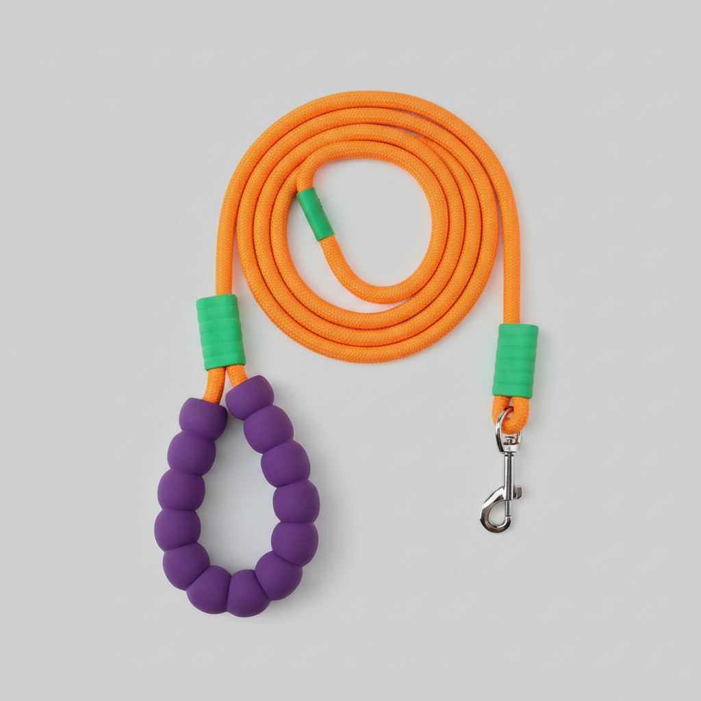 Top-down flat lay of orange braided rope dog leash with purple foam handle and silver snap hook
