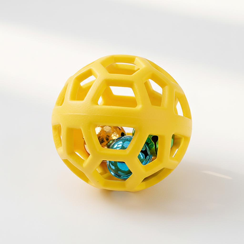 Close-up of hollow lattice rubber pet toy ball showing hexagonal mesh structure and jingle bells inside