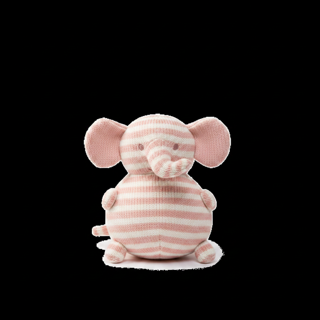 Elephant-shaped knit plush dog toy in pink and white stripe