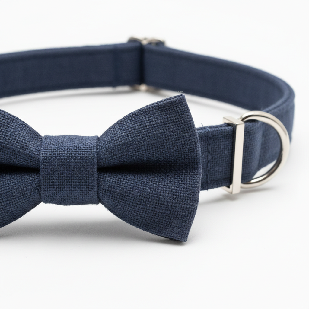 Close-up detail of navy blue bow tie knot and collar strap hardware