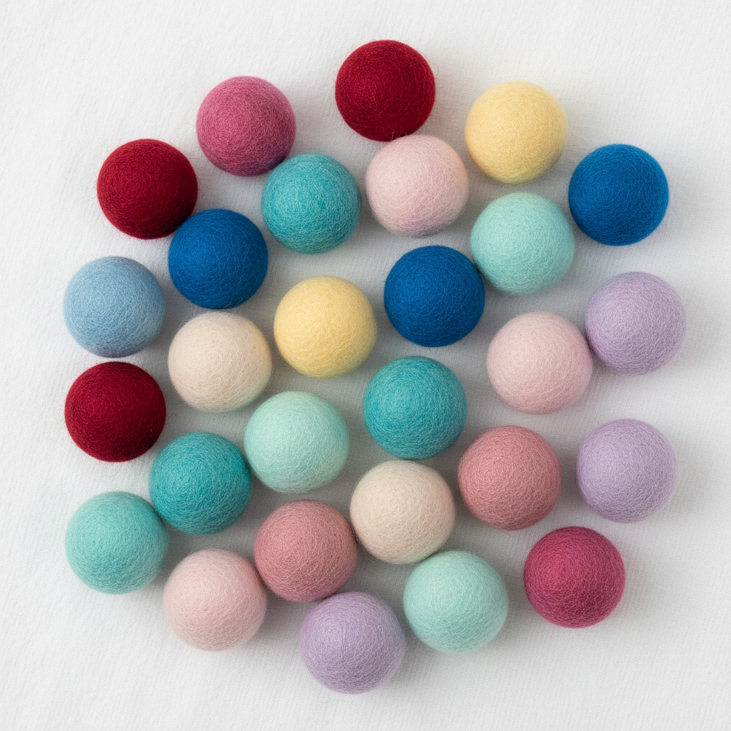 Flat lay top-down view of all cat ball toy sets in multiple colors