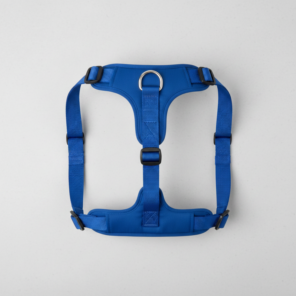 Top-down flat lay of Y-shape dog harness showing full strap configuration and hardware