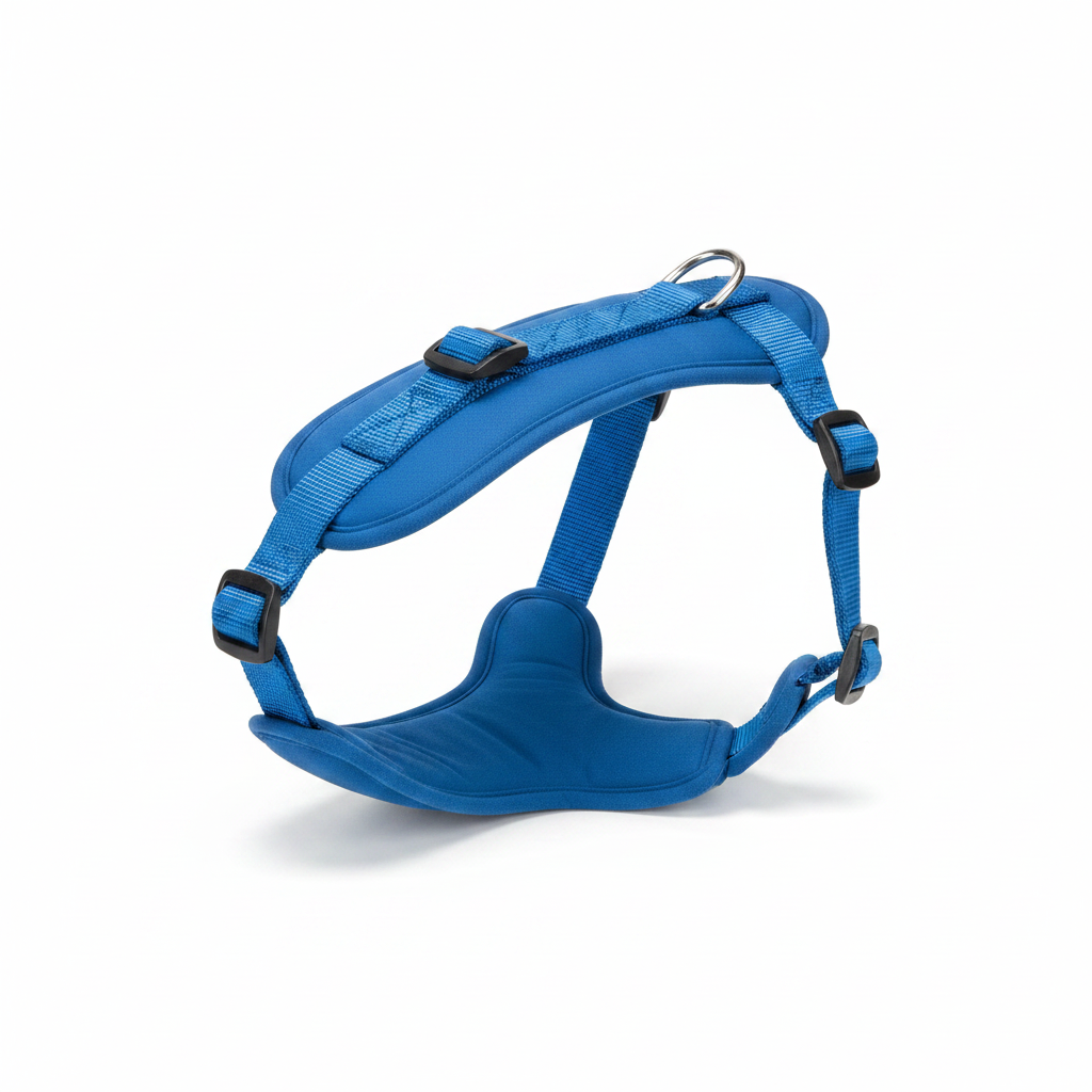 Y-shape dog harness in royal blue nylon with silver D-ring and buckles