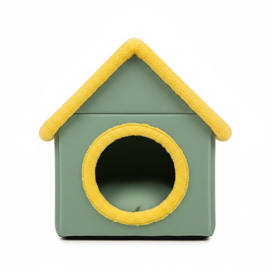 House-shaped plush pet cave bed in sage green with yellow chenille trim