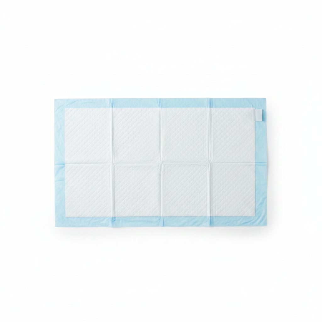 Single pet training pad laid flat showing white absorbent top and blue waterproof backing