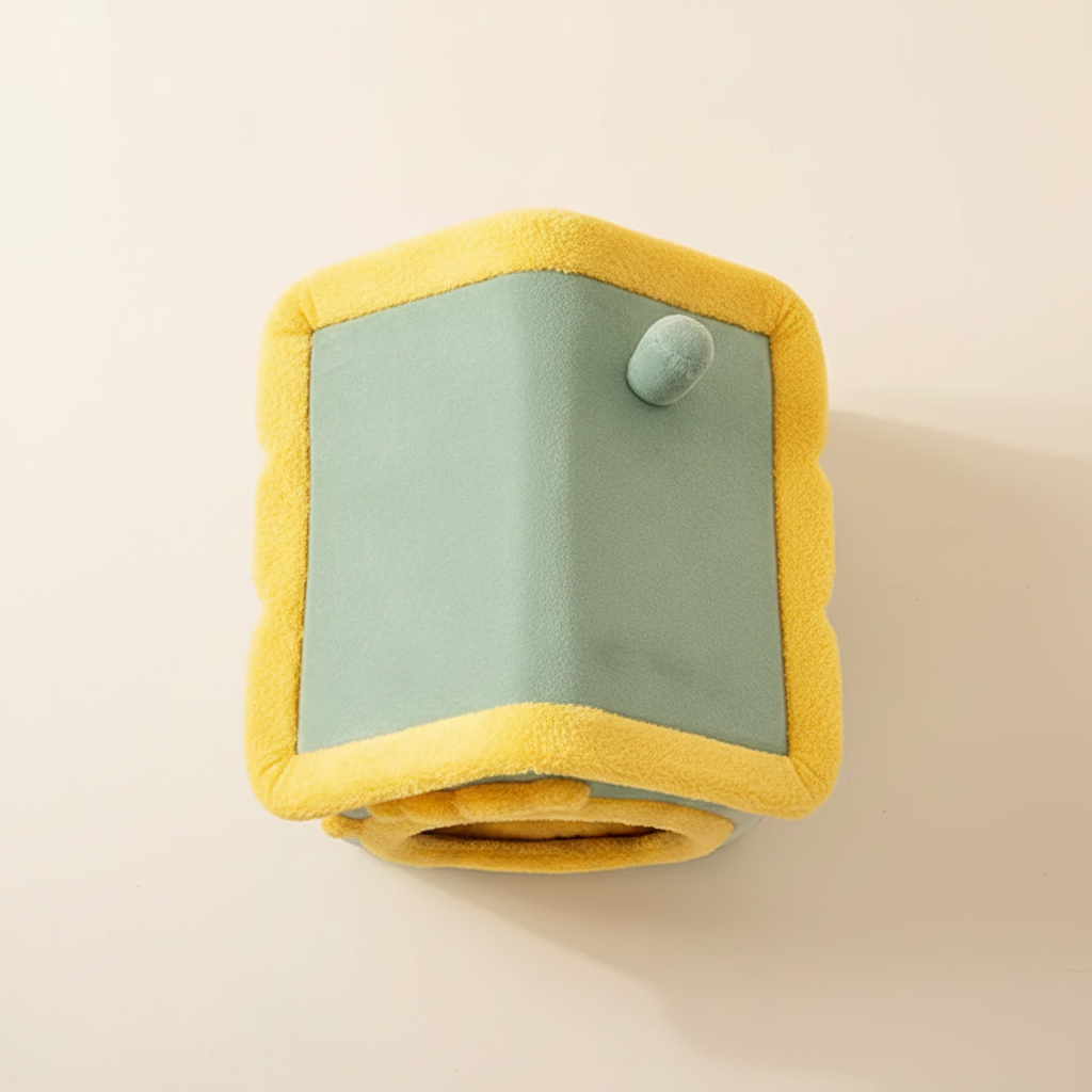 Top-down view of house-shaped pet bed showing triangular roof and round entrance opening