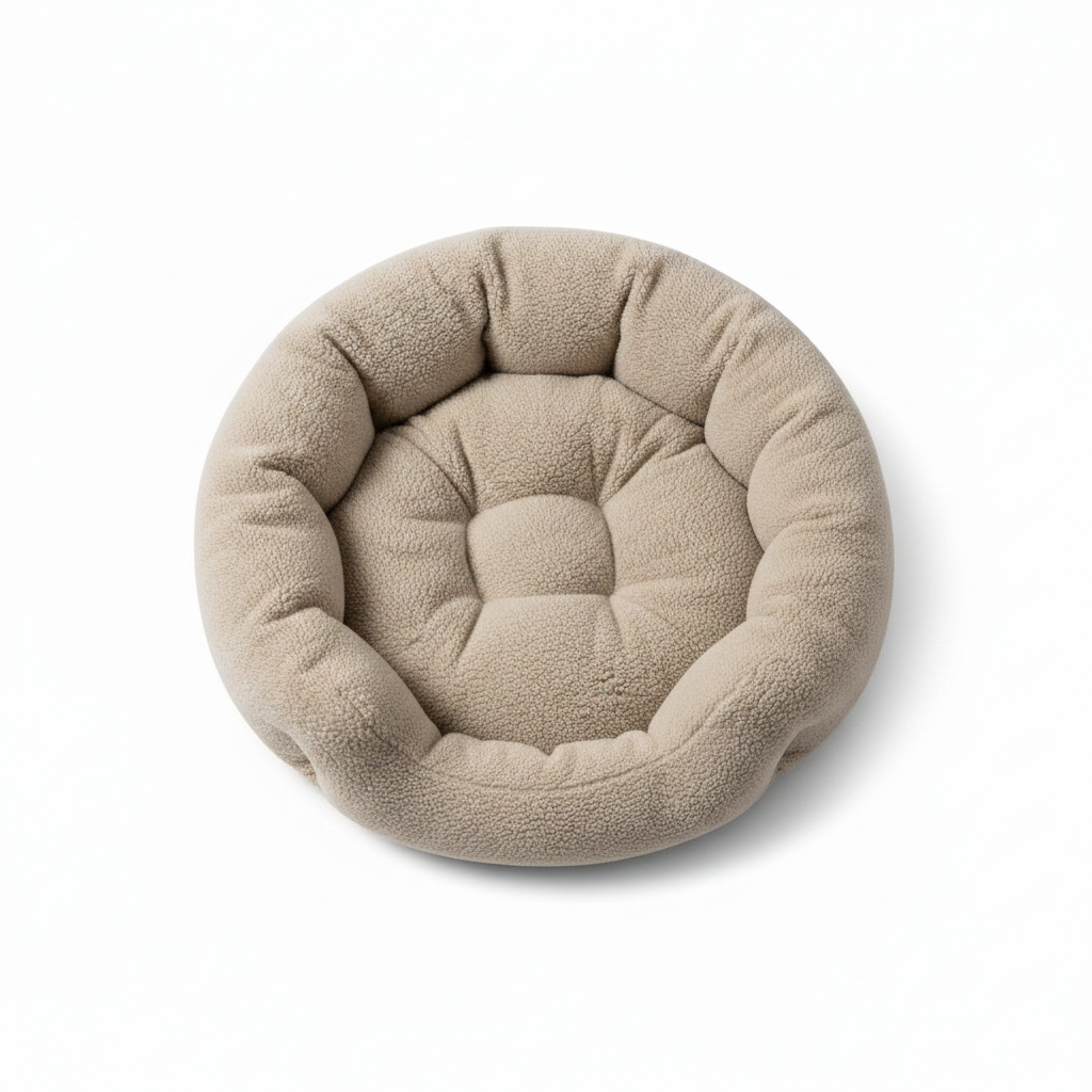 Top-down view of round sherpa donut pet bed