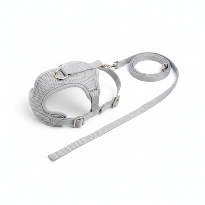 H-style soft mesh cat harness and leash set in light gray with silver hardware