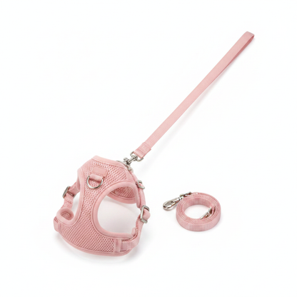 H-style soft mesh cat harness and leash set in pink with silver hardware