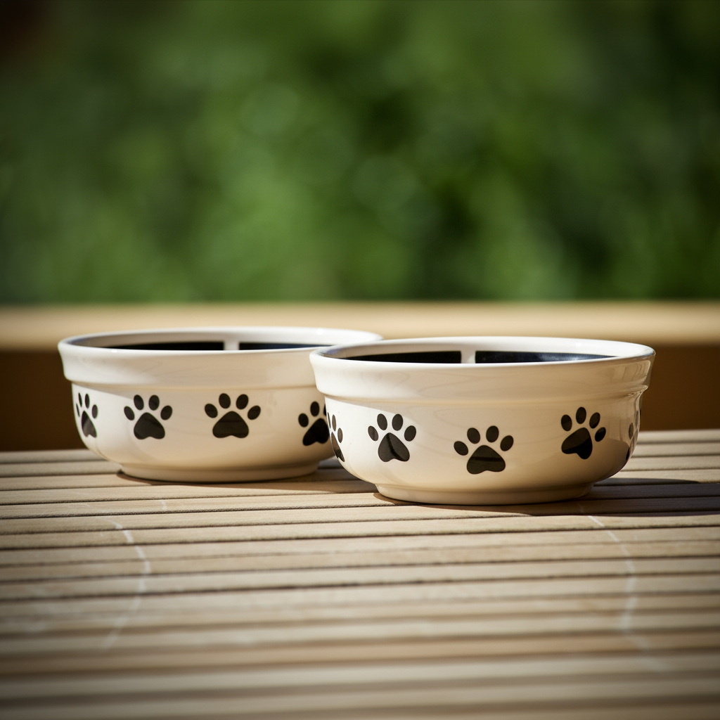 Side angle view of two cream white ceramic pet bowls showing depth and paw print exterior