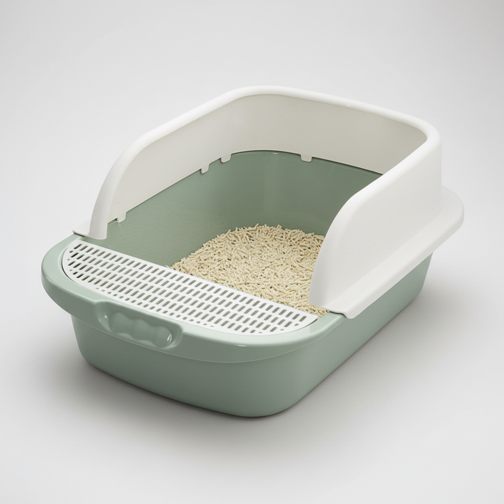 Open-top cat litter box in sage green with white rim and front sifting grid