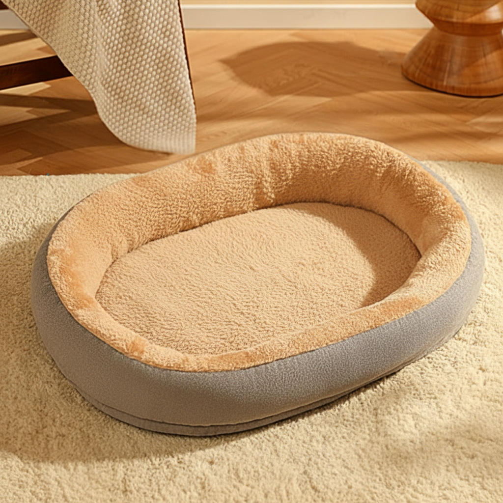 Side angle view of gray oval pet bed on cream carpet in cozy living room setting