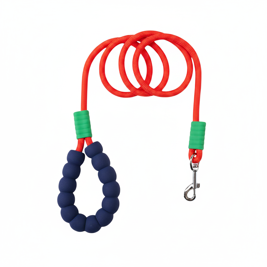 Red braided rope dog leash with navy blue foam bubble handle and silver snap hook
