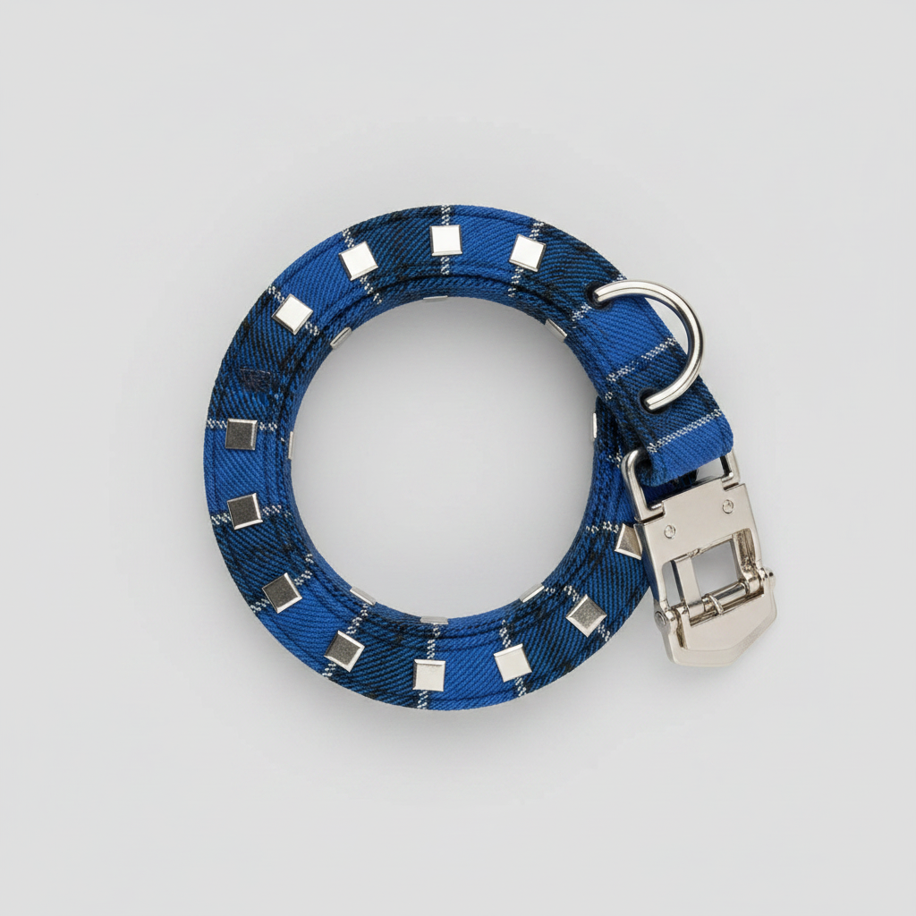 Top-down flat lay of royal blue plaid tartan dog collar coiled showing full length