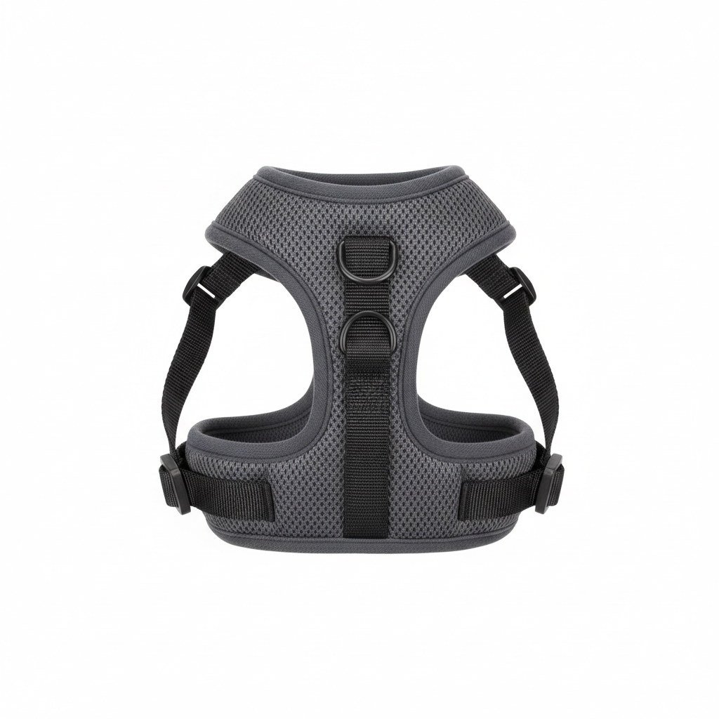 Variant 3 – Charcoal Grey padded mesh dog step-in harness, flat lay