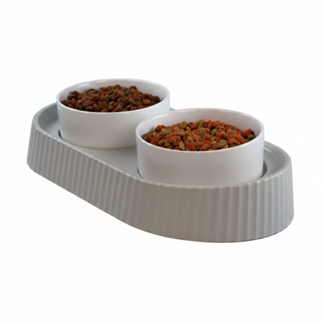 Double ceramic pet bowl set in light gray with oval tray