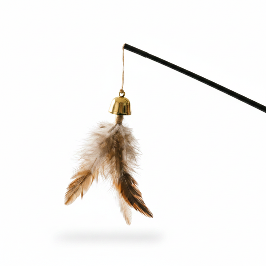 Cat teaser wand with black rod, gold bell and brown orange natural feather tassel