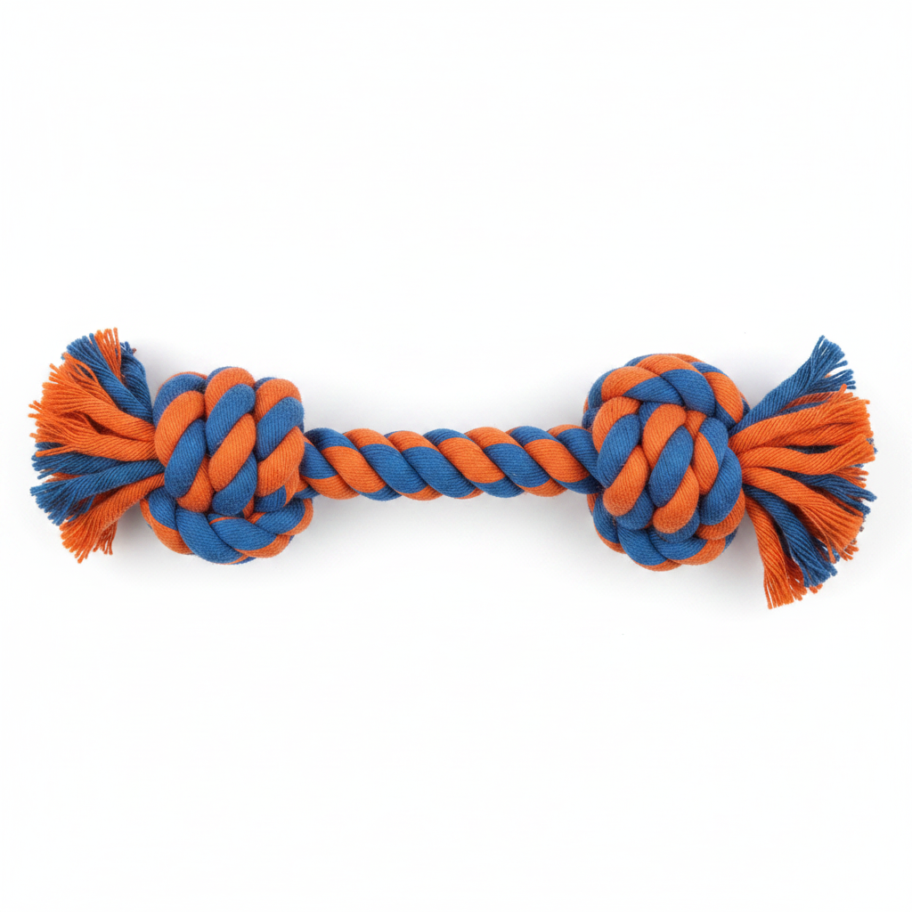 Top-down flat lay view of double knot rope toy