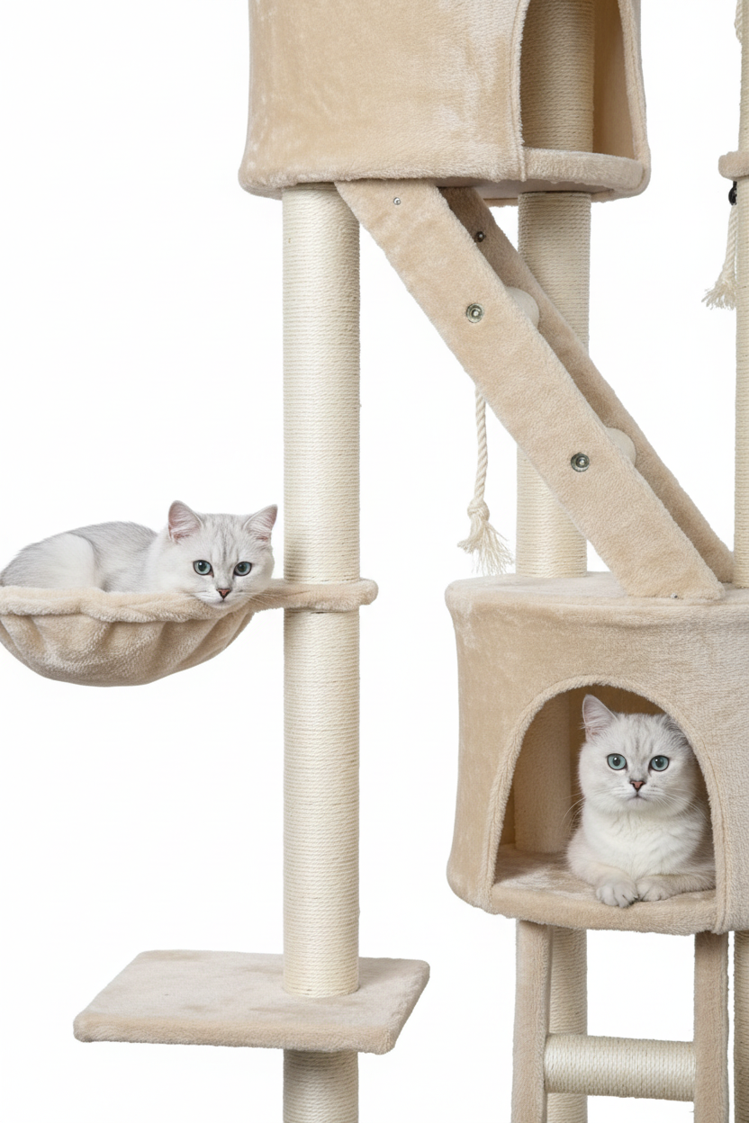 Close-up detail of cat condo entrance and hammock on cat tree