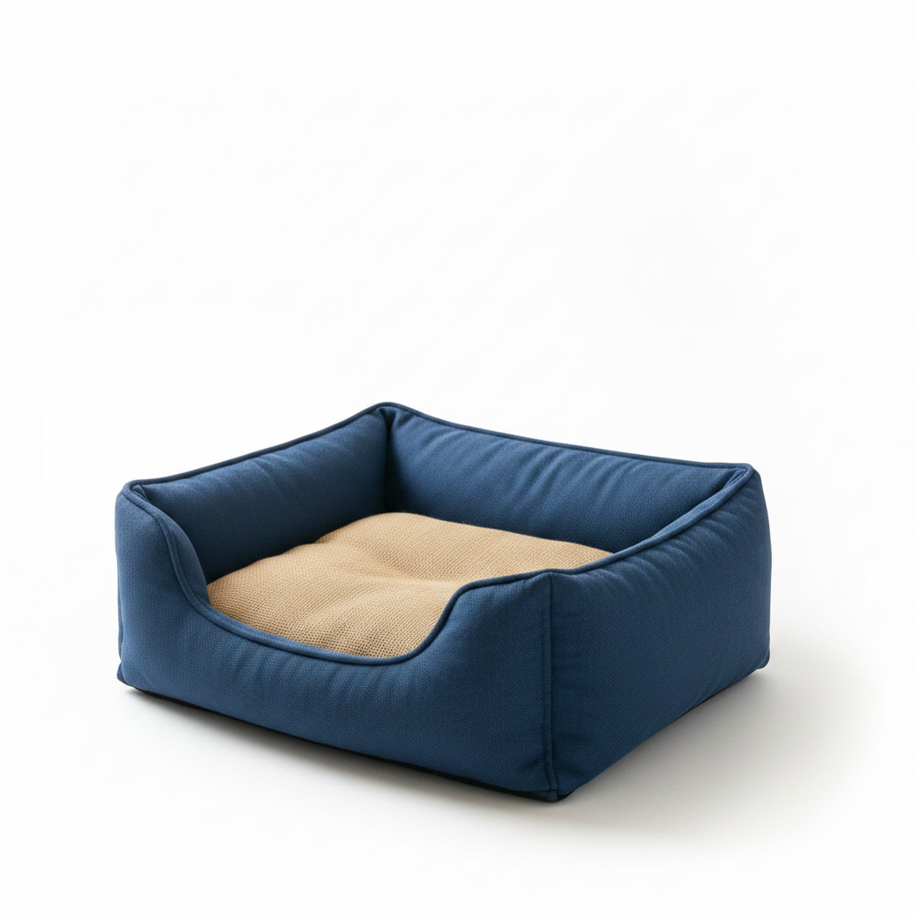 Square high-wall dog bed in warm gray oxford fabric with beige woven inner cushion