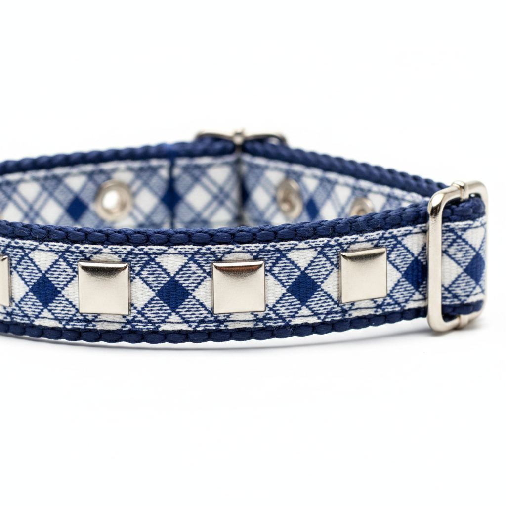 Close-up of plaid tartan dog collar showing square stud detail, D-ring and buckle