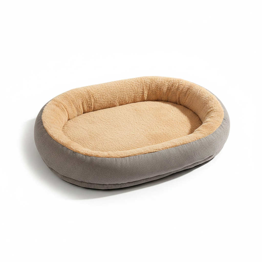 Oval bolster pet bed in gray suede with warm beige sherpa fleece interior