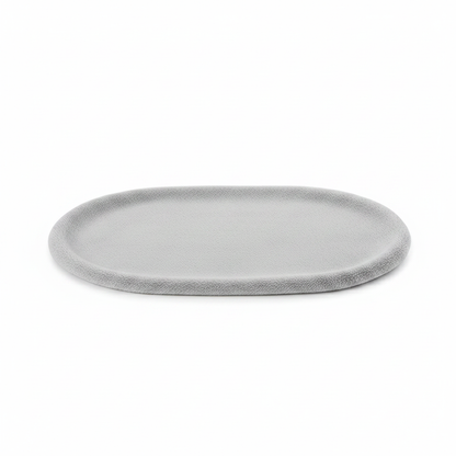 Oval flat pet sleeping mat in light gray short plush fleece