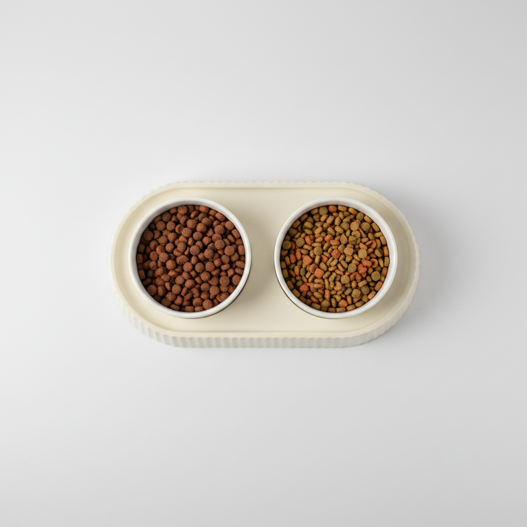 Top-down view of double ceramic pet bowl set showing both bowls in oval tray