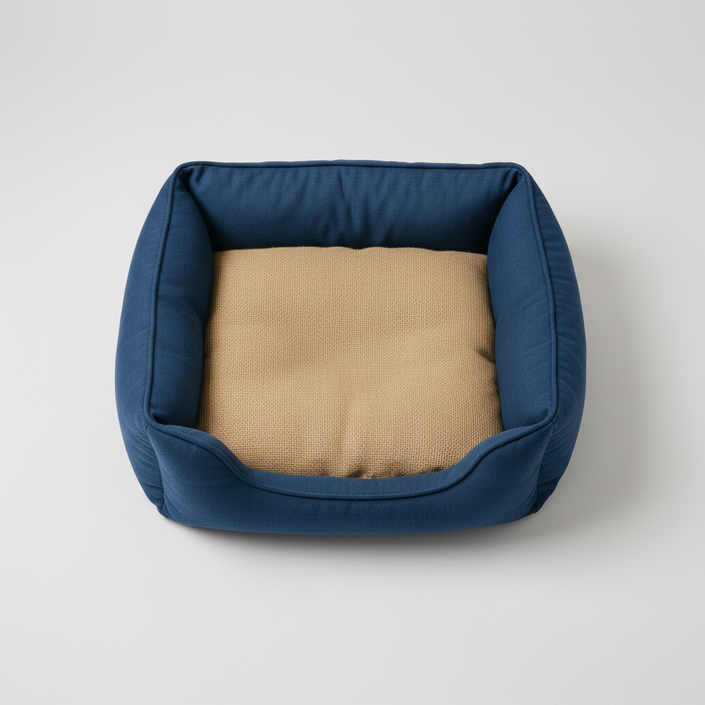 Top-down view of square dog bed showing interior sleeping area and woven cushion