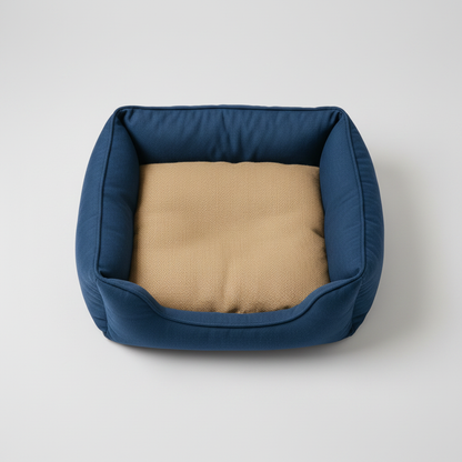 Top-down view of square dog bed showing interior sleeping area and woven cushion