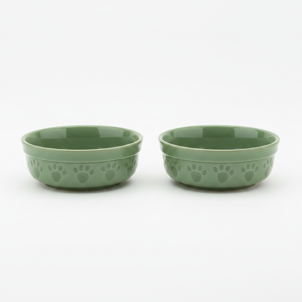 Set of two sage green ceramic pet bowls with paw print pattern