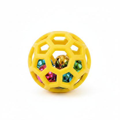 Hollow lattice rubber pet toy ball in bright yellow with jingle bell insert