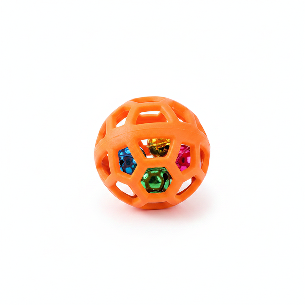 Hollow lattice rubber pet toy ball in bright orange with jingle bell insert