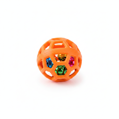 Hollow lattice rubber pet toy ball in bright orange with jingle bell insert