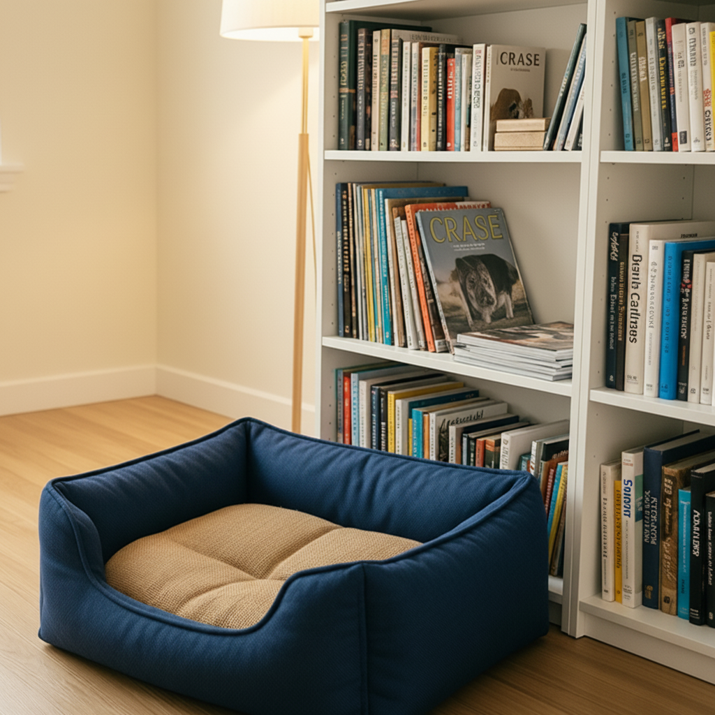 45-degree front corner view of navy blue square dog bed on wooden floor in living room