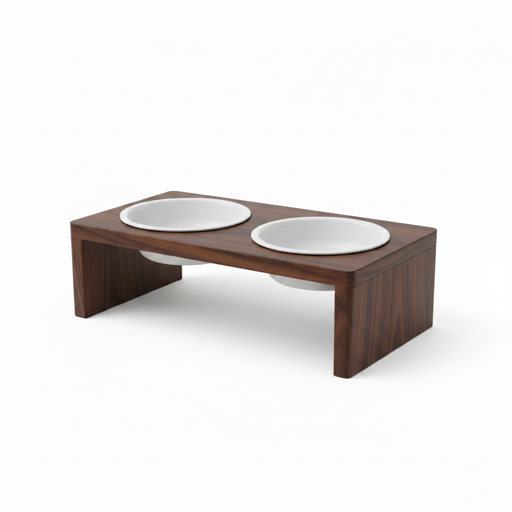 Variant 2 – Dark Walnut elevated pet feeder with white ceramic bowls