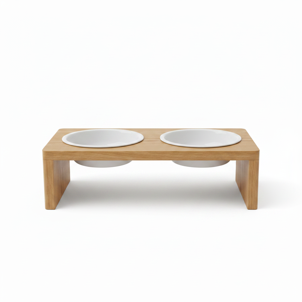 Front-facing view of elevated wooden pet feeder showing arch opening and both bowls
