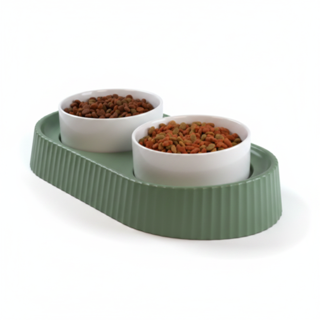 Double ceramic pet bowl set in sage green with oval tray