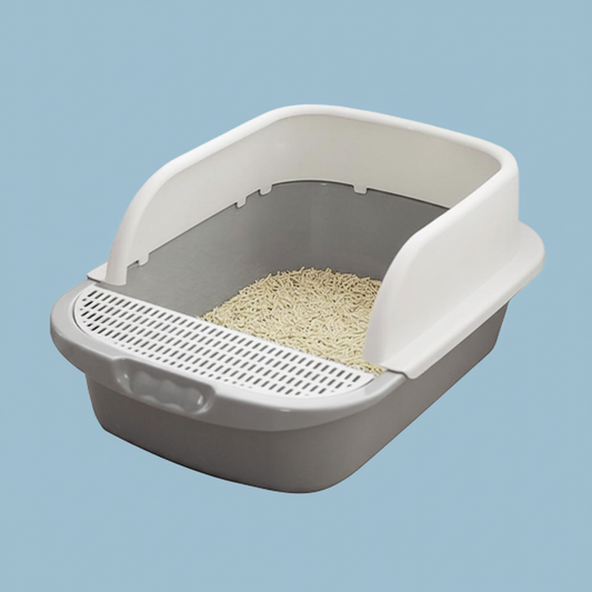 Open-top cat litter box in warm gray with white rim and front sifting grid
