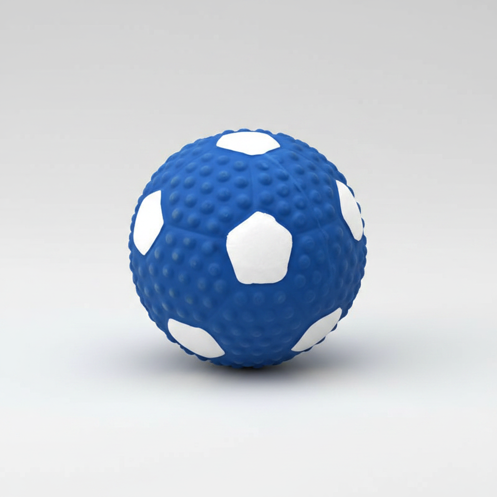 Squeaky rubber dog toy soccer ball in blue and white with hexagonal pattern