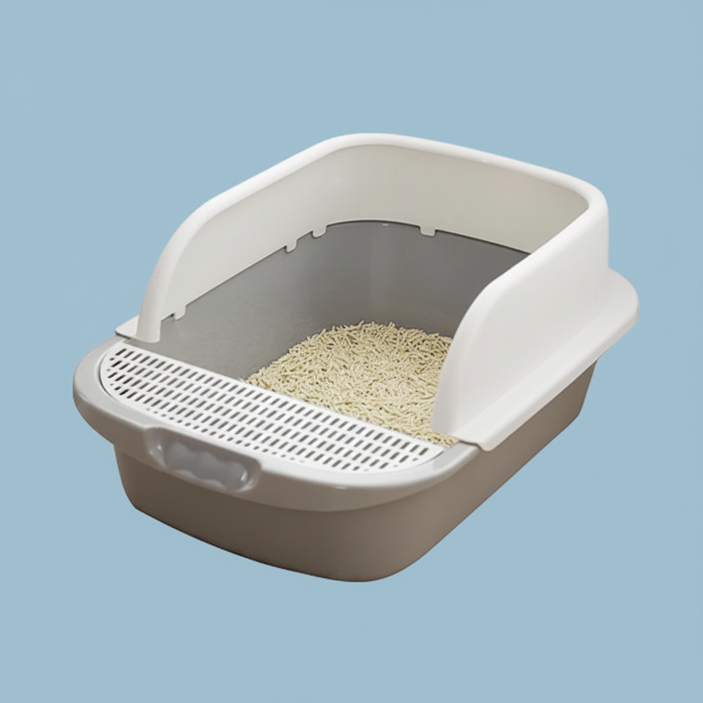 Top-down view of open-top cat litter box showing interior space and sifting grid