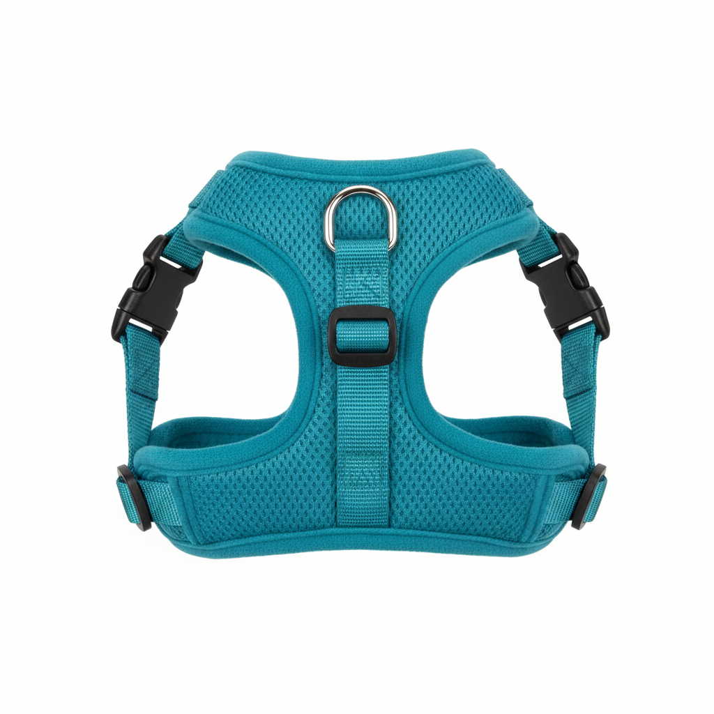 Variant 2 – Teal Blue padded mesh dog step-in harness, flat lay