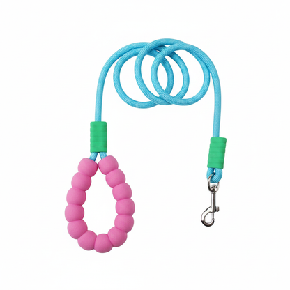 Sky blue braided rope dog leash with pink foam bubble handle and silver snap hook