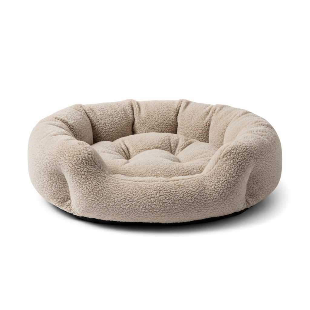Round sherpa donut pet bed in sand beige, angled view